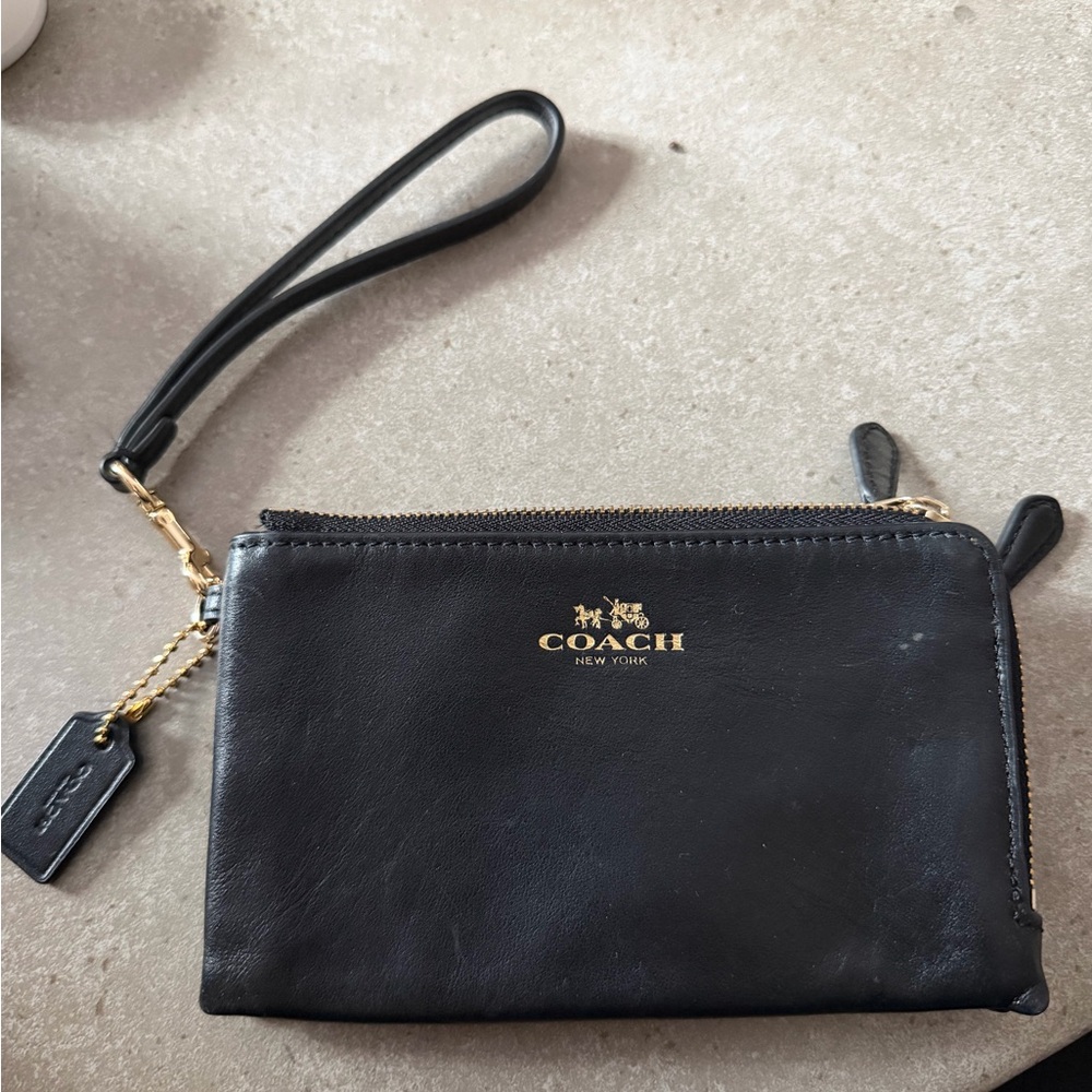 Coach Black Leather Wristlet with Gold Accents